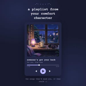 Puede incluir: Una interfaz de reproductor de música digital con el texto a playlist from your comfort character en la parte superior. La ilustración central muestra una ventana de noche con una lámpara, una taza humeante y auriculares. El título es someone's got your back.