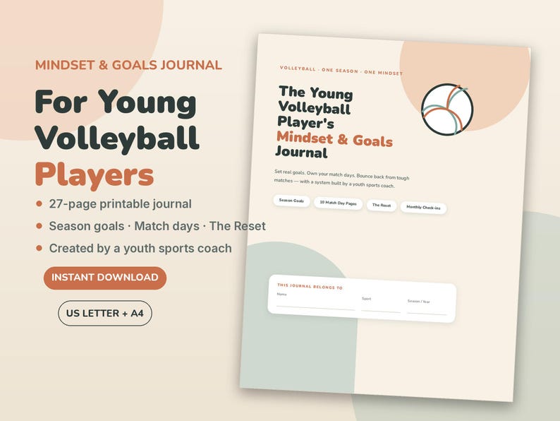Volleyball Team Gifts, Volleyball Journal for Teen Players Printable, End of Season Gift from Coach | Mindset & Goals Journal image 1
