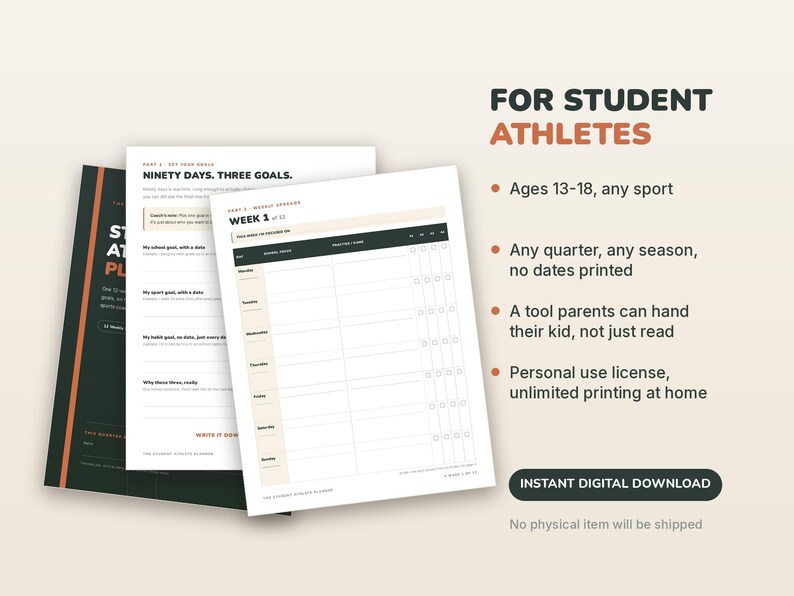 Planificador imprimible para estudiantes deportistas, regalo para madres de deportistas adolescentes, planificador semanal para la escuela y los deportes / Metas de 12 semanas, sin fecha. imagen 6