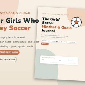 Geschenke für Fußballmädchen, Fußball-Tagebuch zum Ausdrucken, Geschenk für jugendliche Fußballspielerinnen | Tagebuch für Denkweise & Ziele, Spieltagsseiten Bild 1