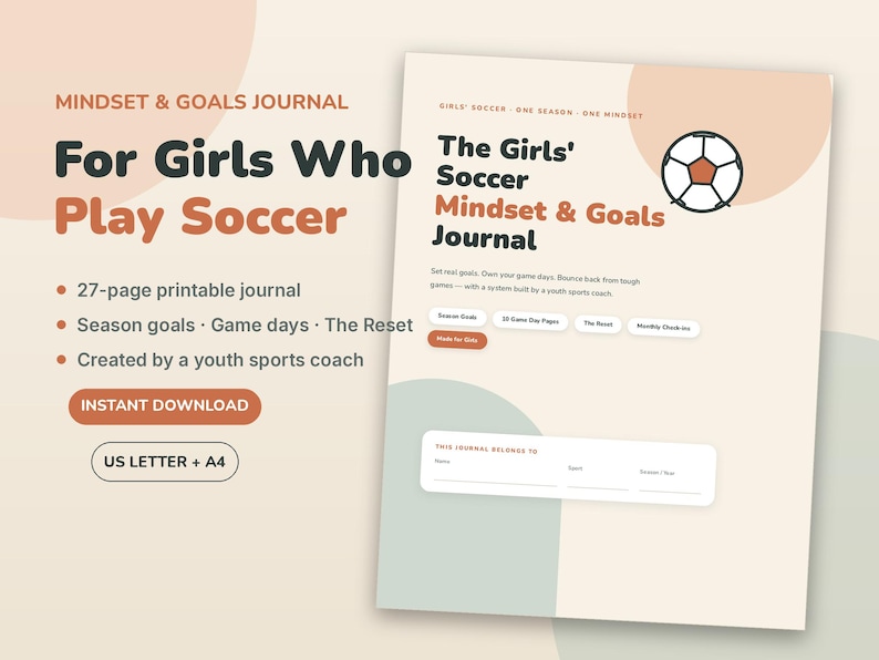 Geschenke für Fußballmädchen, Fußball-Tagebuch zum Ausdrucken, Geschenk für jugendliche Fußballspielerinnen | Tagebuch für Denkweise & Ziele, Spieltagsseiten Bild 1