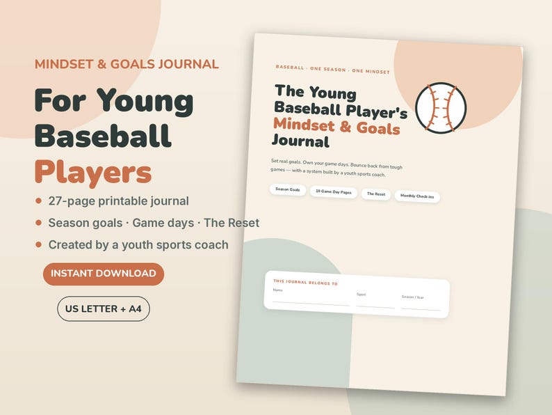 Baseball Team Gifts, Baseball Journal for Teen Players Printable, End of Season Gift from Coach | Mindset & Goals Journal image 1