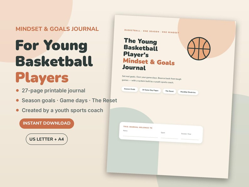 Geschenke für Basketballteams, Basketball-Tagebuch für jugendliche Spieler (zum Ausdrucken), Saisonabschlussgeschenk vom Trainer | Tagebuch für Denkweise und Ziele Bild 1