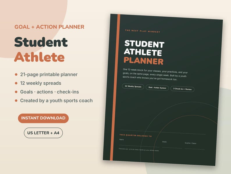 Planificador imprimible para estudiantes deportistas, regalo para madres de deportistas adolescentes, planificador semanal para la escuela y los deportes / Metas de 12 semanas, sin fecha. imagen 1