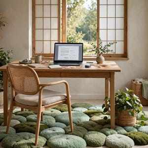 May include: A wooden desk with a laptop, a cane-back chair with a beige cushion, and a large floor rug composed of numerous circular, moss-green and sage-colored plush cushions arranged in a cluster on the floor beneath the desk.