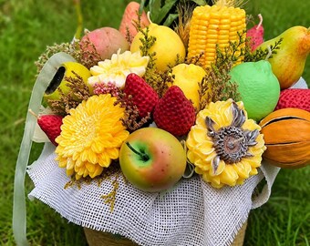 Scented Natural Soy Wax Candle Arrangement - Fall Fruit and Floral Basket, Thanksgiving Harvest Decor and Unique Gift Idea