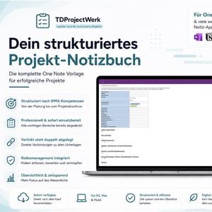 Könnte beinhalten: Ein digitales Projekt-Notizbuch als Vorlage für OneNote von TDProjectWerk. Die Grafik zeigt einen Laptop-Bildschirm mit einer Projektmanagement-Oberfläche und deutschem Text, darunter die Überschrift Dein strukturiertes Projekt-Notizbuch.