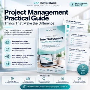 Könnte beinhalten: Ein digitaler PDF-Leitfaden mit dem Titel Project Management Practical Guide: Things That Make the Difference von TDProjectWerk. Das Cover zeigt einen Laptop auf einem Schreibtisch, und das Dokument umfasst 14 Seiten mit Checklisten, Kommunikationstipps und Projektprinzipien.