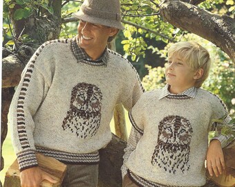 Knitting Pattern Children & Adult, Old Brown Owl Father and Son Sweater Jumper Digital Instant download.