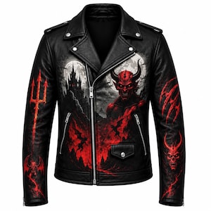 Può includere: Una giacca da moto in pelle nera con una stampa grafica di un demone rosso cornuto, un castello oscuro sotto una luna piena, un tridente e creature alate più piccole. La giacca presenta cerniere in metallo color argento e bottoni a pressione.