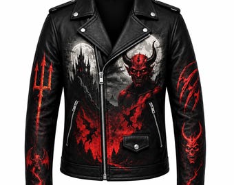 Lederjacke mit Teufelsmotiv | Gothic-Motorradjacke für Halloween, Unisex-Mantel