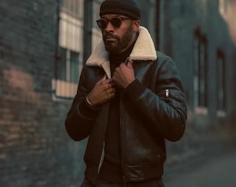 Schwarze Herren-Fliegerjacke aus Shearling-Schafsfell, B3 Bomberjacke, Vintage-Lederfliegerjacke
