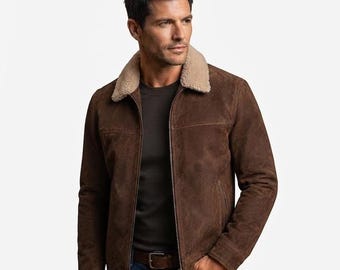 Braune Wildleder-Fliegerjacke für Herren, echter Wildleder-Wintermantel – das perfekte Geschenk für ihn