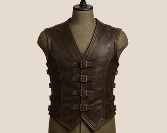 Handgefertigte braune Lederweste für Herren im Steampunk-Stil. Geschenkidee für ihn