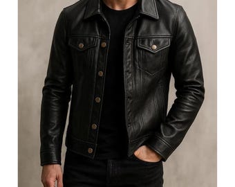 Handgefertigte Truckerjacke aus Lammleder für Herren | Schwarzer Vintage-Stil