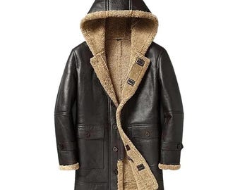 Herren-Fliegerjacke aus Lammfellleder, braune RAF-Bomberjacke, handgefertigter Wintermantel
