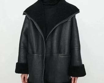 Handgefertigte Fliegerjacke aus Lammfell für Damen, Vintage-Fliegermantel, Winteroberbekleidung