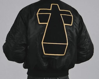 Justice Cross Satin-Collegejacke, Vintage Unisex Bomberjacke, bestickter Streetwear-Mantel