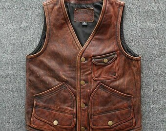 Braune Lederweste für Herren im Biker-Stil, Vintage-Motorradweste im Used-Look, rustikale Reitweste