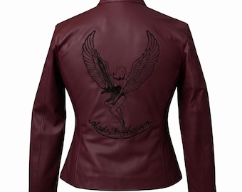 RE2 Claire rote Leder-Bikerjacke: Handgefertigt im Gamer-Stil für Damen