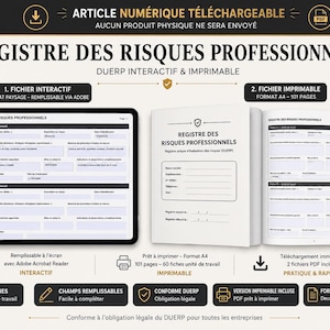 Può includere: Un download digitale di un registro dei rischi professionali, intitolato REGISTRE DES RISQUES PROFESSIONNELS, che include un PDF interattivo in formato orizzontale e un documento stampabile di 101 pagine in A4 con campi compilabili per le valutazioni.