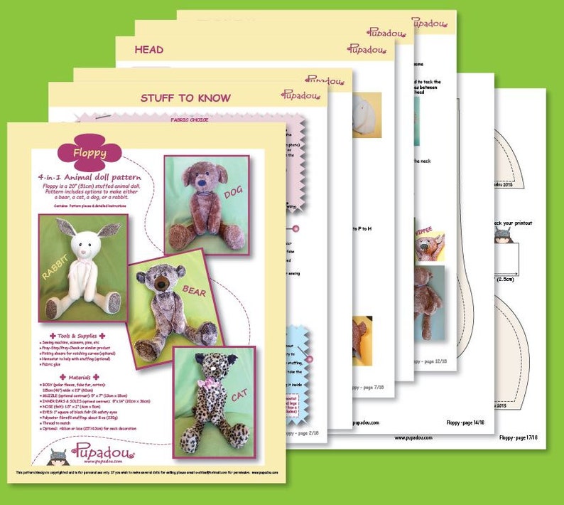 Floppy Animal pdf pattern stuffed doll-Bear-Dog-Cat-Rabbit image 4