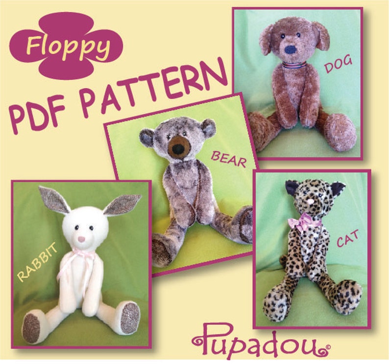 Floppy Animal pdf pattern stuffed doll-Bear-Dog-Cat-Rabbit image 2