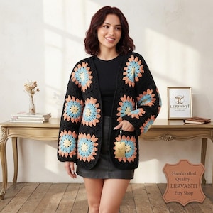 Handmade Crochet Floral Cardigan | Retro Granny Square Sweater | Chunky Crochet Statement Coat | Vintage Flower Patchwork Jacket