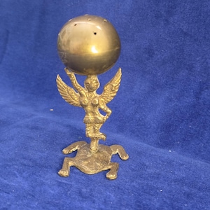 Antique Brass Pounce Pot / Ink Sander Shaker • Figural Cherub and Frog Desk Accessory