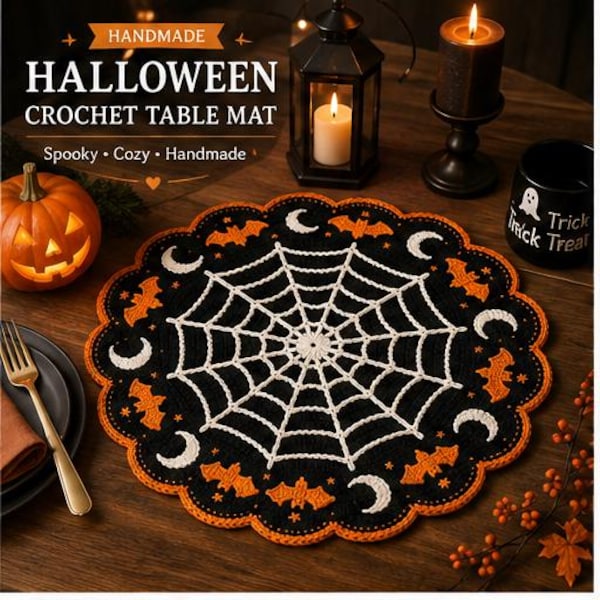 Halloween-Häkeldeckchen-Anleitung (PDF), Spinnennetz-Fledermaus-Mond-Tischdekoration, 3 Größen