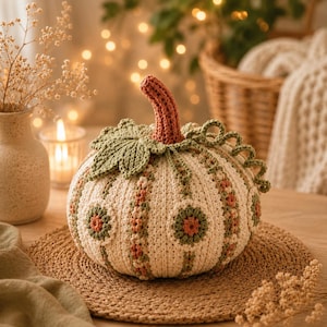 May include: A crocheted pumpkin featuring a cream-colored base with vertical stripes of green and orange floral motifs. The pumpkin has a textured, rust-colored stem, a large green crocheted leaf, and a curly green vine accent on the top.