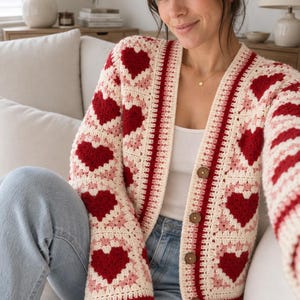 Hartvormig oma-vest haakpatroon (PDF), patchwork gehaakt damesvest, modern oma-vest, maten XS-XL