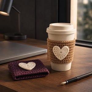 Könnte beinhalten: Ein beiger, wiederverwendbarer Kaffeebecher mit einer hellbraunen Häkelmanschette und einem cremefarbenen Herz-Applikationsmotiv. Daneben liegen eine gefaltete, dunkelviolette Häkelmanschette mit passendem Herz, ein schwarzer Füllfederhalter und ein Laptop.