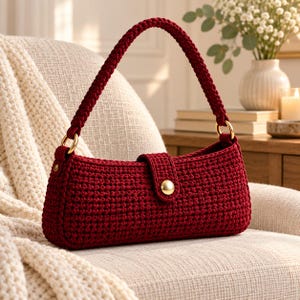 Può includere: Una borsa a mano rettangolare all'uncinetto di colore rosso scuro con un unico manico intrecciato fissato da anelli in metallo dorato. La borsa presenta una chiusura a patta centrale fissata da un bottone circolare liscio color oro.