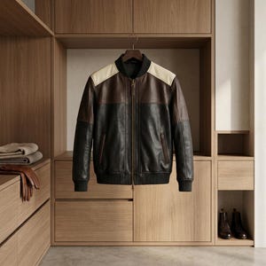 May include: A color-blocked bomber jacket featuring a black lower body, a dark brown mid-section, and cream-colored shoulders. The jacket has a black ribbed collar, cuffs, and hem, with a central metal zipper closure and two vertical side pockets.