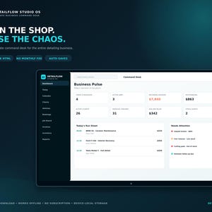 May include: A digital interface titled Detailflow Studio OS, featuring a dark-themed dashboard with a Command Desk view. The screen displays business metrics, a run sheet for vehicle detailing, and a sidebar with navigation links.