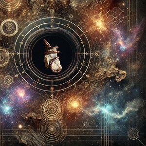 May include: A white rock wrapped in copper wire sits in the centre of a circular, gold-coloured design with numbers and symbols. The background is a dark blue and black space with swirling nebulae and stars.