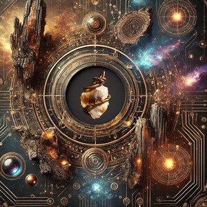 May include: A gold-toned circular frame with intricate designs surrounds a white and brown crystal pendant. The pendant is wrapped in copper wire and hangs from a chain. The background is a cosmic scene with swirling colours and stars.