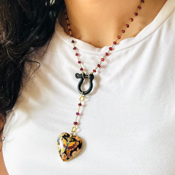 Garnet Rosary Chain Y Necklace w Matte Black Shackle Clasp and Vintage Black Cloisonne Heart w Butterfly Design, Mother's Day Gift
