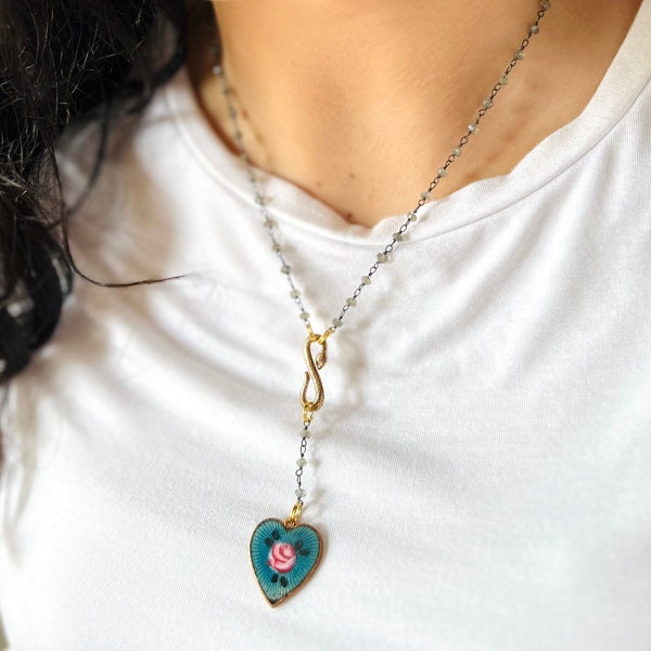 Labradorite Rosary Chain Y Necklace w Bronze Snake and Teal Guilloche Heart w Hand Painted Rose, Mother's Day Gift, Graduation Gift