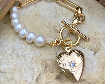 Working 24K Gold Plated Heart Locket, Potato Freshwater Pearls, Gold Plated Chunky Chain and Toggle Closure