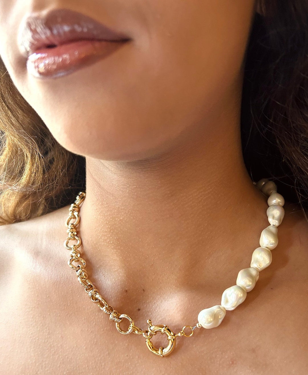Stunning Half Pearl Half Chain Necklace Large Gold Plated Etsy