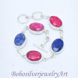 Ruby & Sapphire Bracelet, Handmade 925 Sterling Silver, Boho Natural Gemstone Jewelry