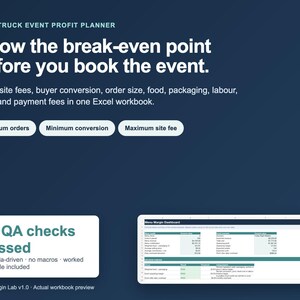 May include: A dark blue digital food-truck event profit planner Excel workbook. Text reads: Food-truck event profit planner, Know the break-even point before you book the event, 13 QA checks passed, and Menu Margin Dashboard with data tables.