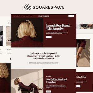 Könnte beinhalten: Ein Squarespace-Website-Layout mit einem Markenspezialisten-Thema in einer tiefroten und cremefarbenen Farbpalette. Das Design umfasst Abschnitte mit Serifenschrift, Bilder einer Person mit blondem Haar in einem weinroten Blazer und Text.