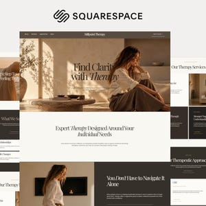Könnte beinhalten: Eine Squarespace-Website-Vorlage für Stillpoint Therapy mit einer neutralen Farbpalette, Serifenschrift und Bildern einer Person in einem weißen Hemd und brauner Hose. Das Layout enthält Abschnitte für Therapiedienste, Ansätze und Kontakt.