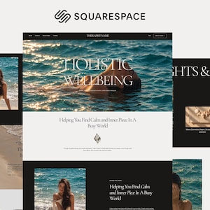 Puede incluir: Una plantilla de sitio web Squarespace para terapeutas con esquema de color blanco y negro, tipografía serif e imágenes de una persona nadando en el océano. El texto incluye Holistic Wellbeing, Helping You Find Calm and Inner Piece In A Busy World.