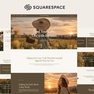 Pode incluir: Um modelo de site Squarespace para Little Grace Therapy com uma paleta de cores marrom, creme e dourado. O layout inclui imagens de uma pessoa com um chapéu de abas largas em um campo, seções de texto com títulos e caixas de serviços.