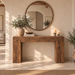 Peut inclure: Une console rectangulaire fabriquée en bois brun patiné avec un cadre épais de style bloc. La table présente une surface supérieure lisse supportant un vase en céramique avec du feuillage vert, un petit bol, deux livres et deux bougies piliers.