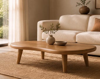 Handcrafted Solid Oak Pebble Coffee Table, Japandi Organic Modern Furniture